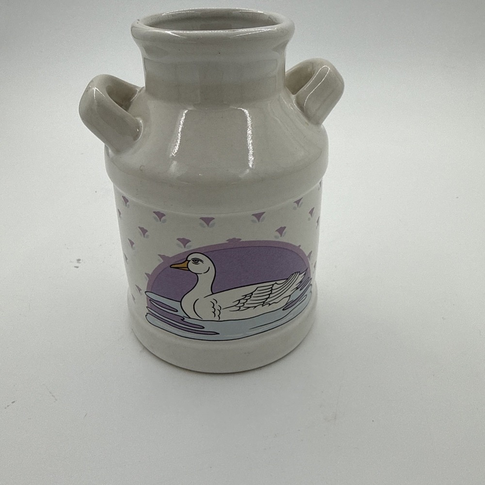 80s Vintage White Ceramic Milk Jug Vase Ducks Country Farmhouse Collectible 4.5"